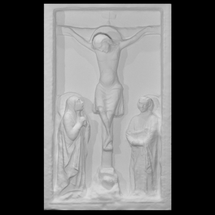 relief depicting crucifixion scan christianity sculpture stone religion 3D print model - Mito3D