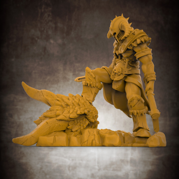 barbare dragon tueur 32mm échelle miniature table hache casque épée base diorama jeu guerre éclaireur cornu double champ 3D print model - Mito3D