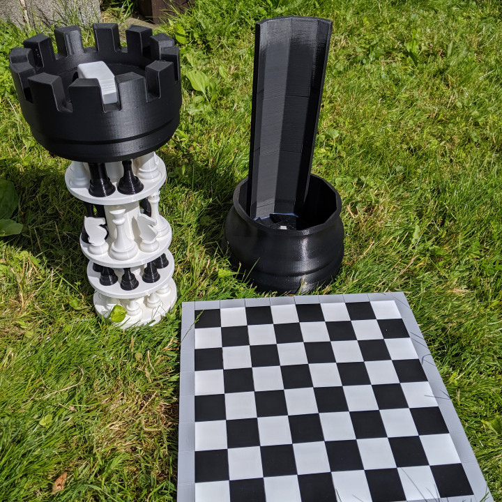 3d printed chess set roll-up board & carrying case games design king knight mechanical queen rook storage folding 3dprinting outdoors chessset boardgames chessboard tiles dovetail boardgaming polypanels rollup 3D print model - Mito3D