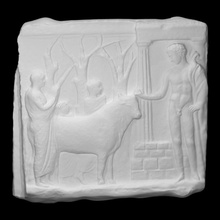 votive relief scan cow greek roman sculpture stone character bull hercules scene heracles stele slab 3d print model - Mito3D