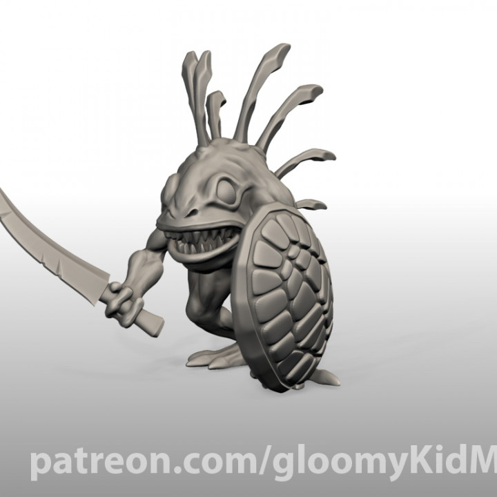 murloc sword shield tabletop miniature warcraft wargame d&d dnd gloomykid kuatoa kua-toa 3D print model - Mito3D