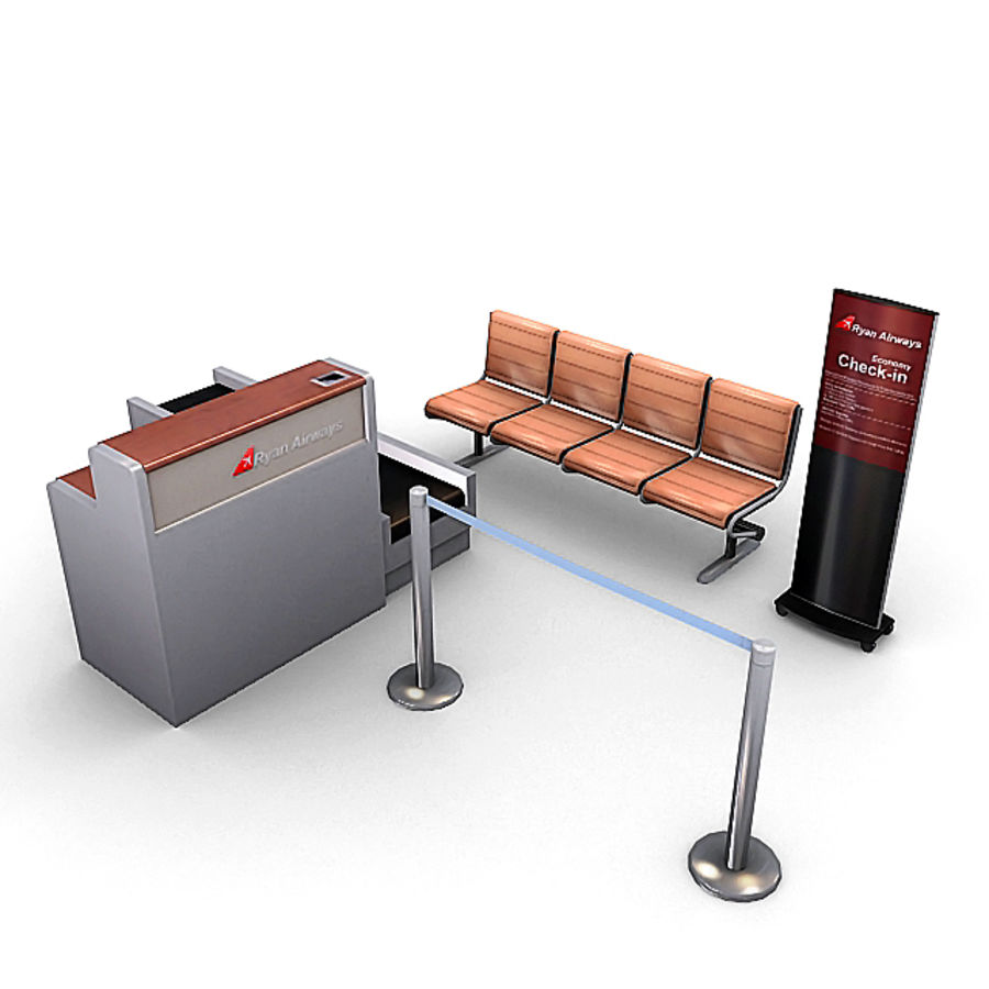l'aéroport de meubles pack 1 la compagnie aérienne barrière banc checkin le compteur bureau l'ameublement mobilier jeu bas lowpoly modèle poly prêt ryann siège signe terminal 3D print model - Mito3D