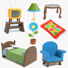 cartoon furniture set 3 abramsdesign arm armchair bed chair collection flower furnishings game interior lamp live lower model poly props ready real room rug stand table television time toon tv 3d print model - Mito3D