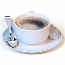 tasse de café des boissons le petit-déjeuner cappuccino la céramique crème coupe dîner plat espresso coutellerie les aliments frais friz3d l'ameublement déjeuner lait modèle mug réaliste ronde soucoupe cuillère sucre doux arts table vray 3d print model - Mito3D