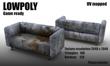 lowpoly old damaged grange sofa apocalypse couch fabric furnishings furniture game hole konvert lounger lower model poly props 3d print model - Mito3D