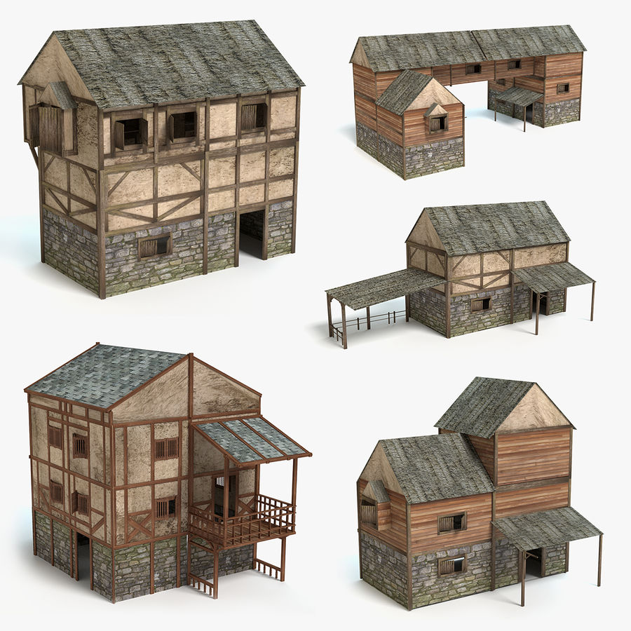 casa medieval conjunto abrams arquitetura prédio coleção criações habitação fantasia jogo histórico a inferior modelo de idade poli pronta real definir estável estrutura em tempo cidade aldeia 3D print model - Mito3D