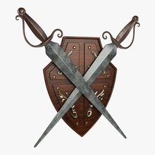 bouclier des épées antique armure la bataille château chaja classique décor de décoration élégant l'ameublement le mobilier pendaison médiévale modèle vieux ornement l'épée vray mur guerrier l'arme bois 3d print model - Mito3D