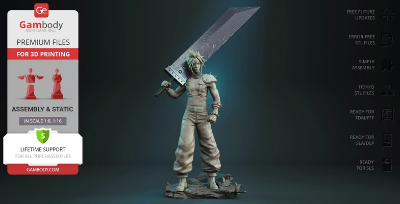 cloud strife 3d printing figurine assembly coming anime final-fantasy final-fantasy-remake final-fantasy-vii tifa-lockhart sephiroth aerith-gainsborough cloud-strife final-fantasy-7 yuffie-kisaragi stl protagonist soldier shinra mid-week 3d print model - Mito3D