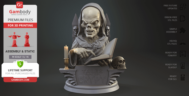 crypt keeper bust 3d printing figurine assembly halloween tales cryptkeeper crypt-keeper horror zombie undead tv figure model miniature stl files 3d print model - Mito3D