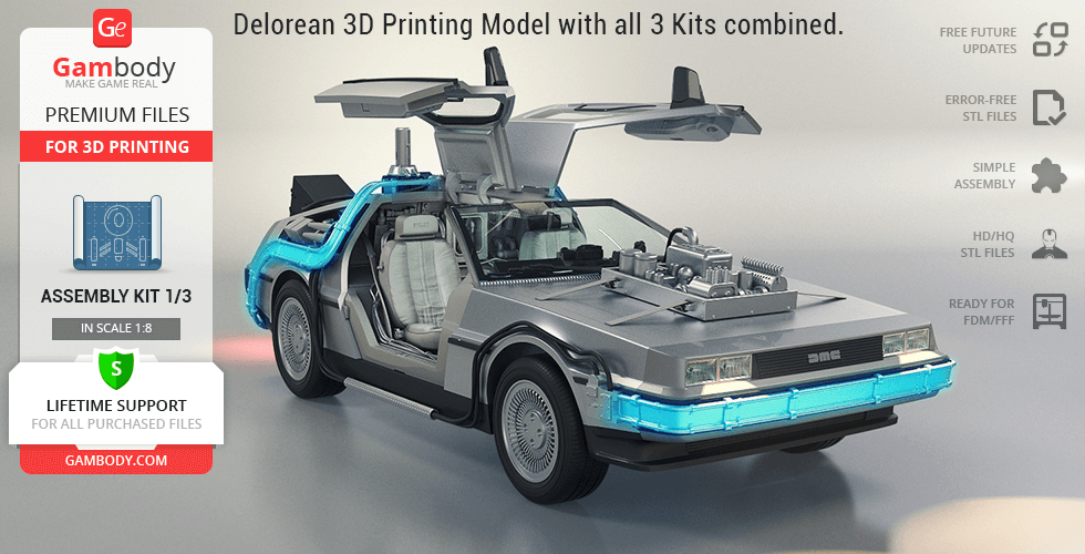 delorean 3d printing model standard assembly kit 1 delorean, bttf, time machine, outatime, dmc-12, flux capacitor, plutonium, circuits display, circuits, fire trails, hoverwheels, moon hubcaps, gullwing doors, mr fusion, nuclear fission reactor, coils, michael j fox, doc, emmett, brown, doctor, science, marty, mcfly, back to the future, future trilogy, christopher lloyd, movie, icon, pop culture, scientist, travel, figurine, model, miniature, figure, kit, printing, stl files 3D print model - Mito3D