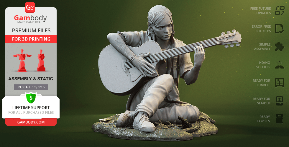 ellie guitar 3d printing figurine assembly ellie, with guitar, game, tloupartii, the last of us, us part 2, tlou2, tlou, naughty dog, pandemic, playstation, quarantine, post-apocalypse, sony, action-adventure, horror, adventure, girl, ashley johnson, video nd, joel, figure, figurine, model, miniature, printing, stl files, hero 3D print model - Mito3D
