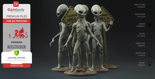 cinzento alienígenas 3d impressão estatuetas diorama montagem ufo estrangeiro humanóide flying saucer bípede stl sci fi criatura area 51 3d print model - Mito3D