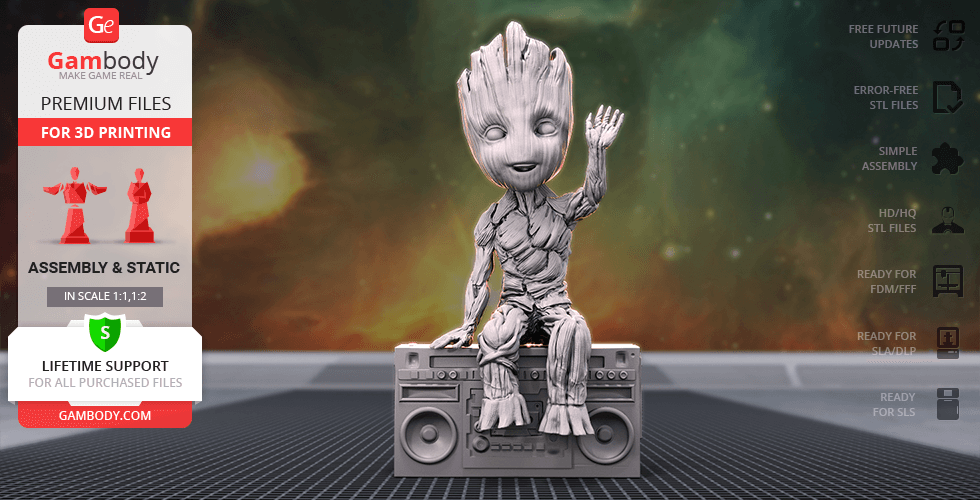 hello groot 3d printing figurine assembly groot, flora colossus, avengers, baby guardians of the galaxy, marvel, comics, mcu, tree, little mascot, figure, figurine, model, miniature, printing, stl files galaxy 3D print model - Mito3D
