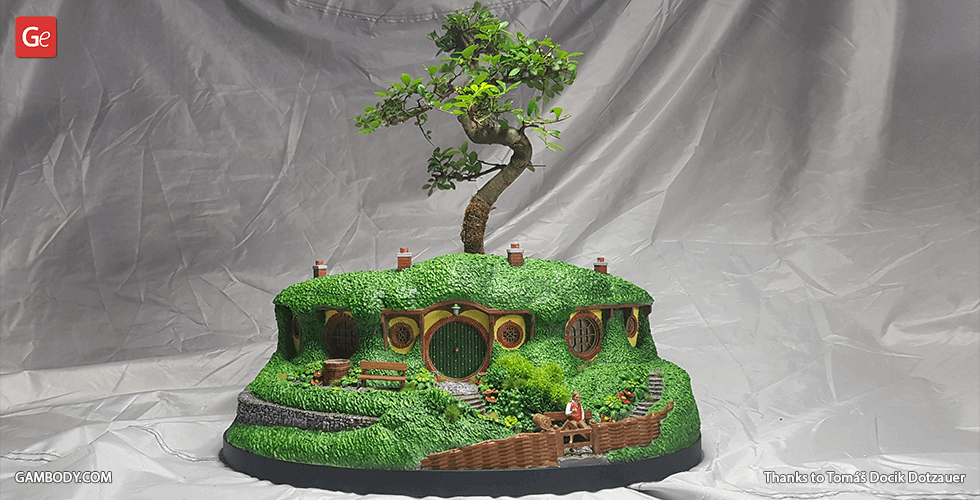 hobbiton bonsai pot 3d printing model assembly bilbo baggins, bag end, hobbiton, the lord of rings, smial, hobbit-hole, bagshot row, shire, tree, pot, planting, plant, gandalf, frodo samwise gamgee, hobbit, tolkien, bilbos homes, LOTR, Hobbiton Bonsai Pot figure, figurine, model, miniature, printing, stl files el señor de los anillos 3D print model - Mito3D