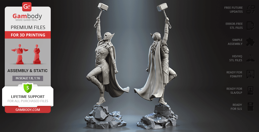 Jane fördern thor 3d Drucken Figur Versammlung Liebe Donner weiblich mächtig mjolnir Thorita Wunder stl Modell Statue Walküre 3D print model - Mito3D