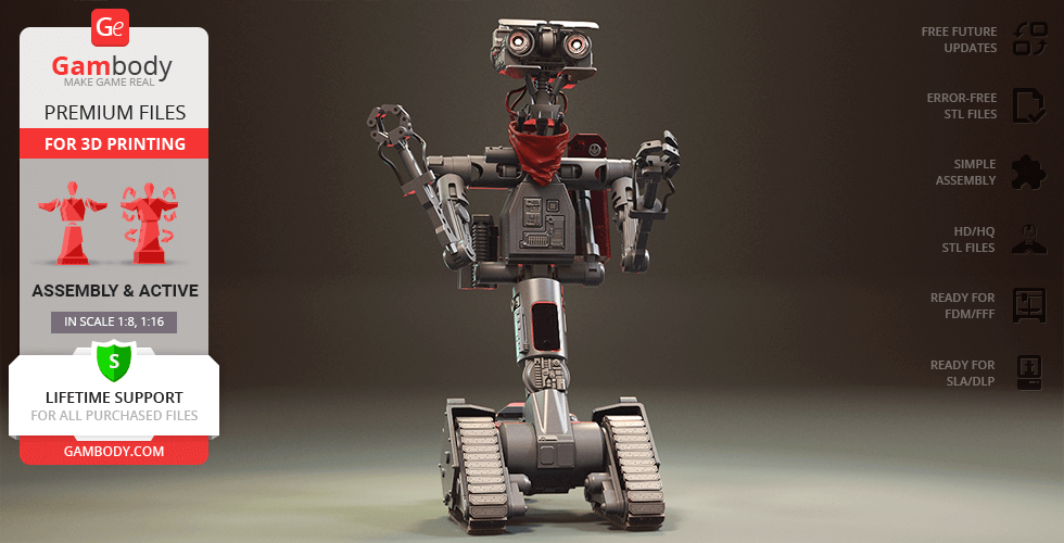 johnny 5 3d printing model assembly + action 5, assembly, action, robot, mech, sci-fi, droid, number short circuit, S-A-I-N-T five, Hot Cars, Cold Facts, military figure, figurine, model, miniature, printing, stl files 3D print model - Mito3D