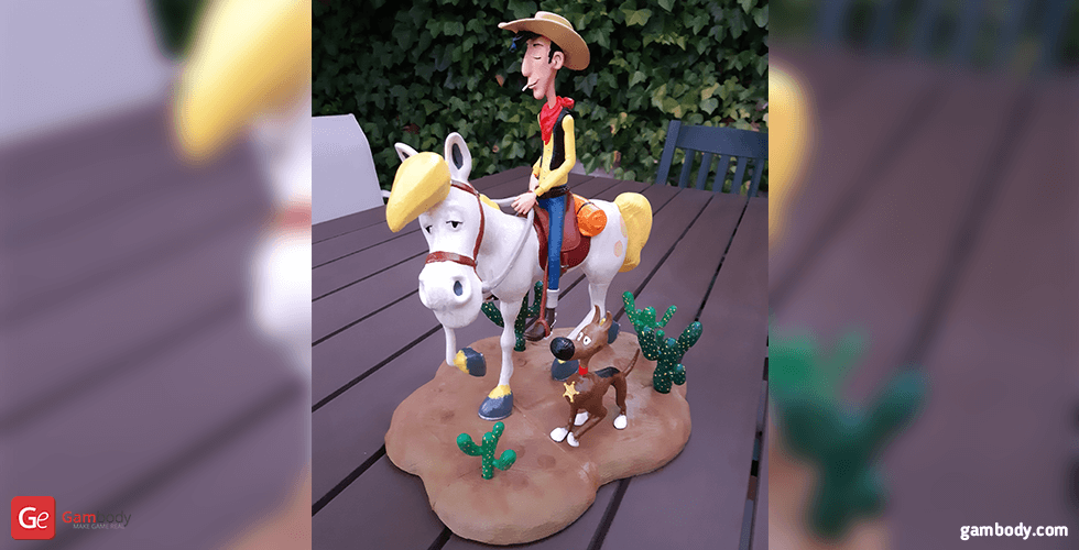 lucky luke 3d printing figurine assembly luke, rantanplan, jolly jumper, horse, dog, cartoon, cartoons, comics, french, morris, cowboy, figurine, figure, model, miniature, printing, stl files 3D print model - Mito3D