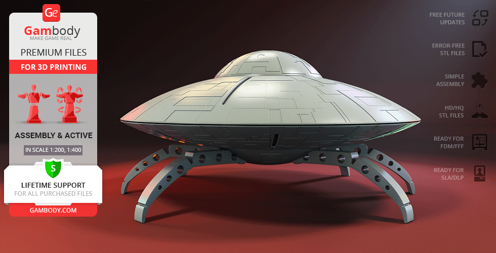 martian flying saucer 3d printing model assembly + action saucer, martian, mars attacks, alien, aliens, alien invasion, sci-fi, comedy, movie, film, tim burton, iconic, assembly, ack ack, army, disintegrator rays, president dale, pahrump, ufo, protagonist, villain, hostile, extra-terrestrial, figure, figurine, model, miniature, attacks printing, stl files 3D print model - Mito3D
