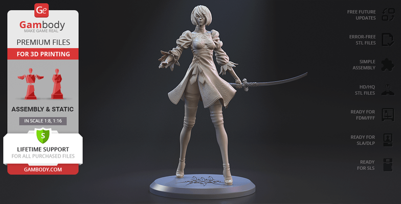 nier automata 2b 3d printing figurine assembly robot robots video-game pre-supported bestseller mystery ps4 statue machine-war fumake female protagonist battle android soldier yorha pc xbox video-games type-b route-a 9s nine-s nines 3d print model - Mito3D
