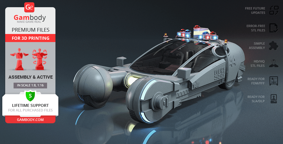 police spinner 3d printing model assembly + action spinner, blade runner, 1982, assembly, action, sci-fi, vehicle, car, runner Ridley Scott, flying patrol vertical take-off, aerodyne, model, figure, figurine, miniature, printing, stl files 3D print model - Mito3D