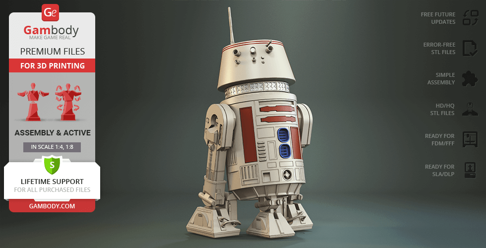 r5 d4 3d impresión modelo montaje + acción droide héroe estrella guerras sci fi rojo astromecánico 3D print model - Mito3D