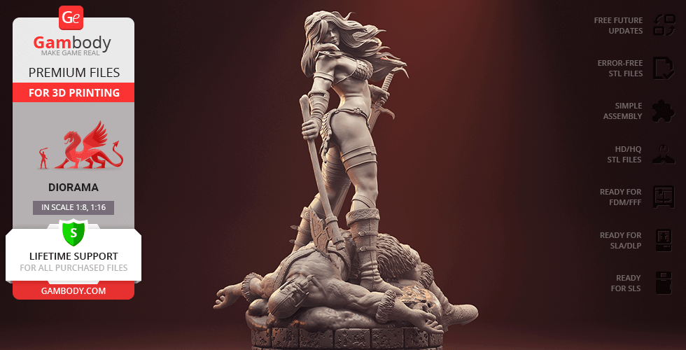 red sonja 3d printing figurine diorama assembly Red Sonja, Sonja diorama, comics, comic book, super heroine, sword and sorcery, marvel, assembly, Conan the Barbarian, Dynamite Entertainment, She-Devil of Hyrkania, She-Devil, model, figure, figurine, miniature, printing, stl files 3D print model - Mito3D