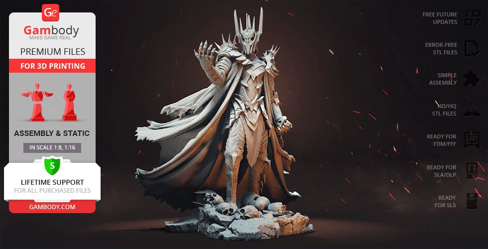 sauron 3d printing figurine assembly the lord of the rings, lotr, sauron, middle-earth, master, evil, villain, mace, maiar, one ring, mordor, tolkien, j r r tolkien, dark lord, necromancer, antagonist, hobbit, morgoth, barad-dûr, dark fortress, last alliance, mount doom, rings of power, eye of sauron, legendarium, sauron figure, sauron figurine, sauron model, sauron miniature, assembly, 3d printing, stl files 3D print model - Mito3D