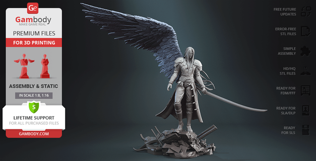 sephiroth 3d impresión figurilla montaje final fantasía espada ff7 rehacer estatua nube lucha tifa Lockhart aerith Gainsborough 3d print model - Mito3D