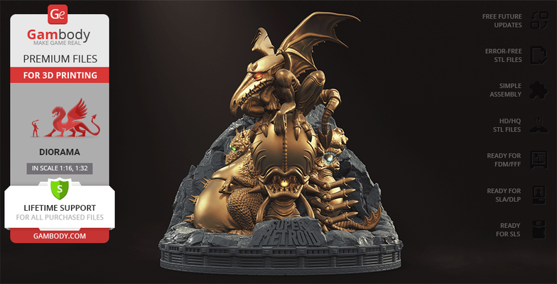 super metroid d'oro statua 3d stampa figurina assemblaggio video game trend action adventure capi mostri pasqua 3d print model - Mito3D