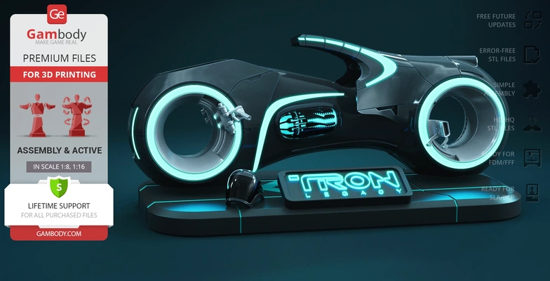 tron luce ciclo 3d stampa modello assemblaggio + attivo bicicletta veicolo sci fi motociclo film 3d print model - Mito3D