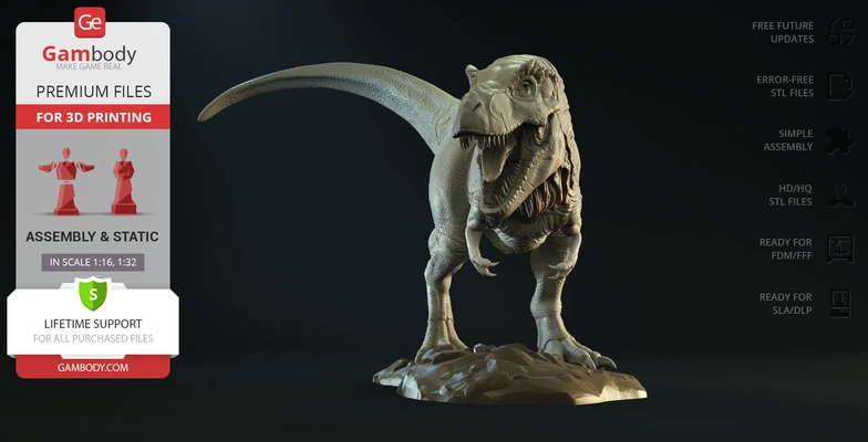 tyrannosaurus rex 3d baskı heykelcik montaj canavar yaratık dinozor dino trex statik t tarih öncesi jurassic world korku stl film toplamak dinozorlar silâh 3d print model - Mito3D