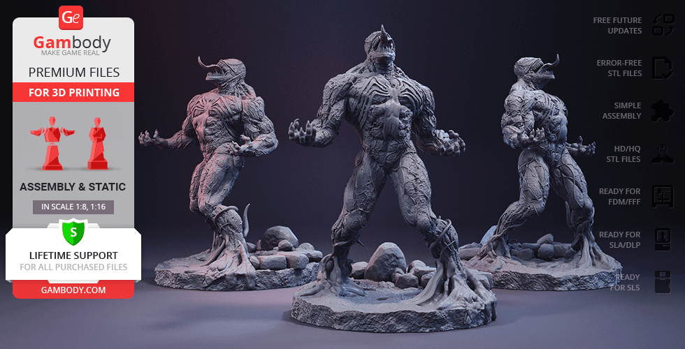 venom 3d printing figurine assembly venom, eddie brock, сarnage, klyntar, knull, symbiote, anti-venom, marvel, comics, spider man, spider-man, riot, parasite, alien, superhero, antihero, miniature, figurine, figure, model, stl files, diorama, horror 3D print model - Mito3D