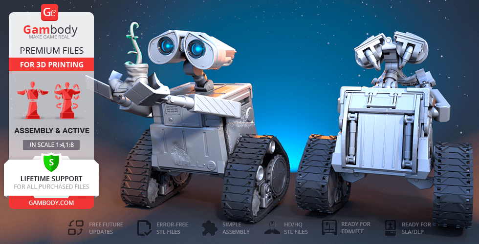 wall-e 3d printing model assembly + action wall-e, wall·e, assembly, action, robot, mech, cartoon, waste allocation load lifter, eve, trash compactor, sci-fi, animated film, pixar, disney, axiom, droid, hal, garbage cube, buy-n-large, bnl, earth, animation, figure, figurine, model, miniature, wall·e printing, stl files 3D print model - Mito3D