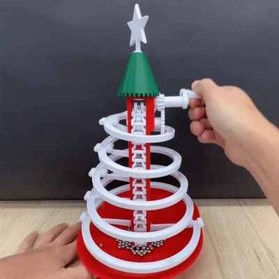 christmas tree marble run stl a fully 3d printable satisfying gravity styled finish chain lift is powered by gears crank balls carried to of lift twirling track gaining speed reach bottom file prints on 3d print model - Mito3D
