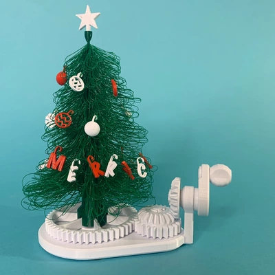 fuzzy christmas tree kinetic sculpture winter holiday spirit mechanical of a bevel gear spur system to rotate tree nice decoration it fidget aunt deloris i 3d print model - Mito3D