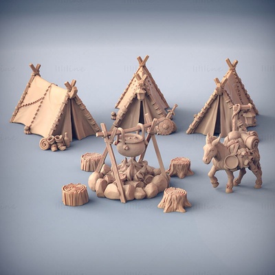 adventurers camp set 3d print model stl quiver scimitar shield sword weapon rack pack mule modular tents log stool triangular tent campfire spit fishes meat 3d print model - Mito3D