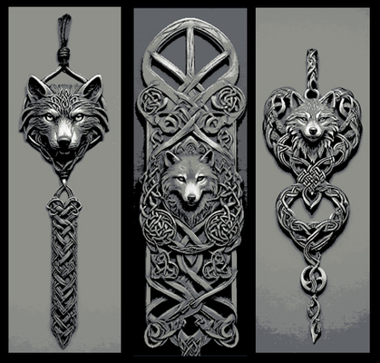 set of 3 celtic knot bookmarks - spirit wolf designs by mclanesmemories art 2d hueforge viking knotwork wolves bookmark mark marker book 3d print model - Mito3D