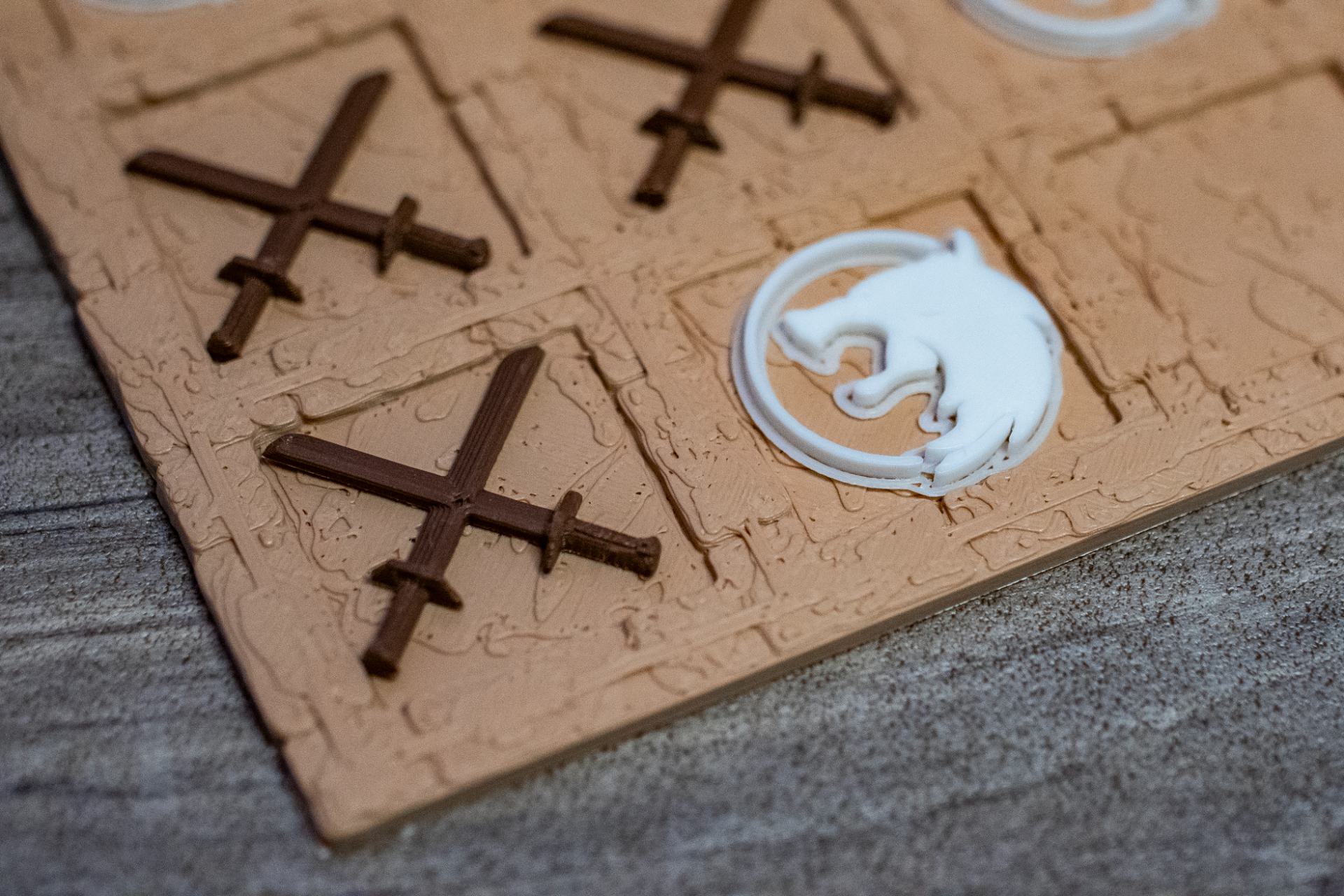 tic tac toe - witcher edition by 3dprintwellcouk toys & games board boardgame game tictactoe noughts crosses thewitcher tv series tvseries medallion sword mmu ams no fun family travel 3D print model - Mito3D