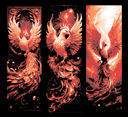 phoenix rising death - flaming bird set of 3 bookmarks by mclanesmemories art 2d resurrection firebird fire flame hueforge mark marker bookmark book 3d print model - Mito3D