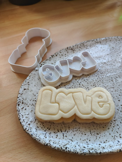 'love' shaped cookie cutter & stamp by projectfilament household house models love cute baby valentine cookies kitchen accessories 3d print model - Mito3D