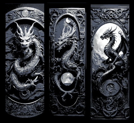 dragon lune sculptures in noir blanc ensemble of 3 signets by souvenirs mclanes art 2d celtique fantaisie marque marqueur signet livre forge chapeaux sculpture signe 3d print model - Mito3D