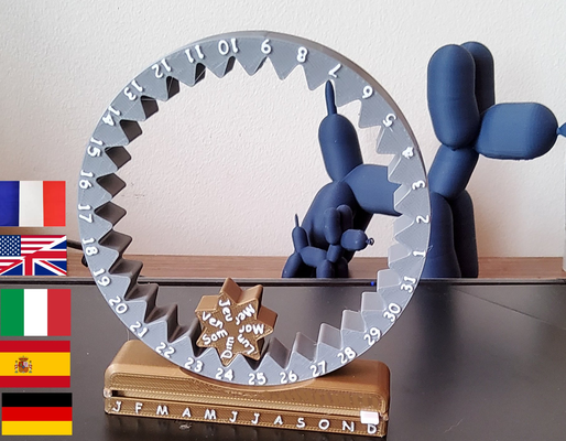 perpetual multi language calendar by mimi home decoration household office gift cadeau calendrier perpetuel francais english espanol spanish spain deutsch german desk organizer bureau father mother pere mere father's day mothers dad 3d print model - Mito3D