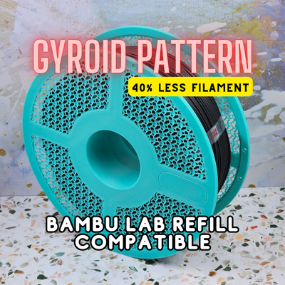 gyroid pattern reusable spool - bambu lab refill compatible filament saver remixed by 3d printer accessories holder refillable adapter 3d print model - Mito3D