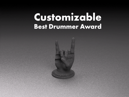 personalizable baterista premio by tristemente arte esculturas tambor batería escultura rock metal and roll metal pesado black duro manzanas cuernos dedos mano palillo portabaquetas tambores gesto manu 3d print model - Mito3D