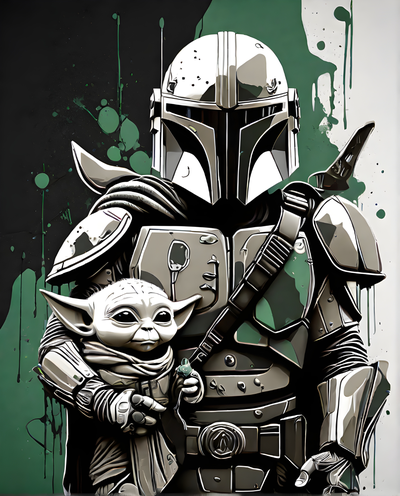 mandalorian grogu fan art - a hueforge leonardo ai creation by riko 2d groku baby yoda hue forge filament painting star wars green black white contrast 3d print model - Mito3D