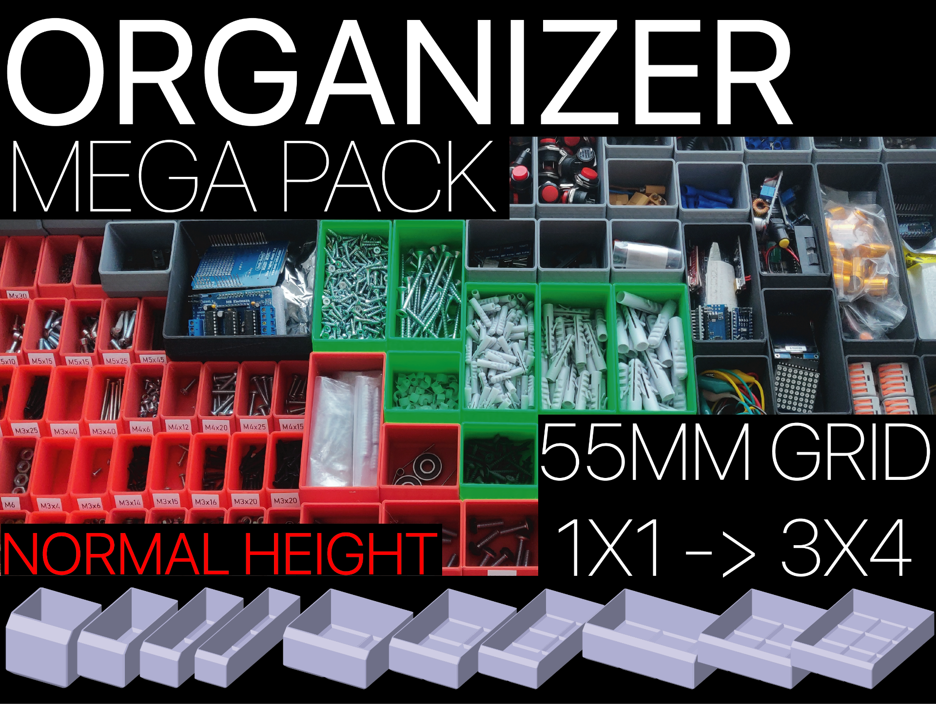 organizer mega pack by flugtn tools organizers box grid storage sort sorter parts hardware bin kit gridfinity 3D print model - Mito3D