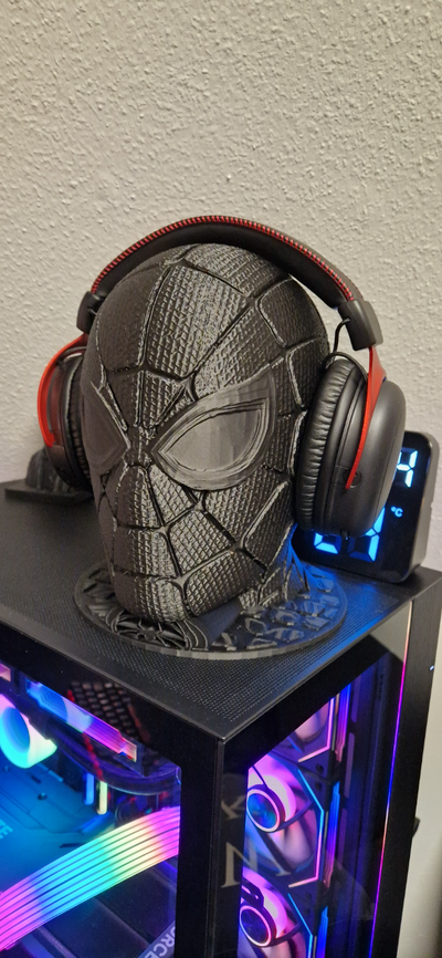 spiderman headset stand by e9-3d household office spidey gadget accesories storage web marvel superhero headphone accessory suit hero black nosupport gaming functional desk art deco printinplace hanger headsethanger headphonehanger fast easyprint easy stan lee peter parker p1s bambulab pc computer holder disney 3d print model - Mito3D