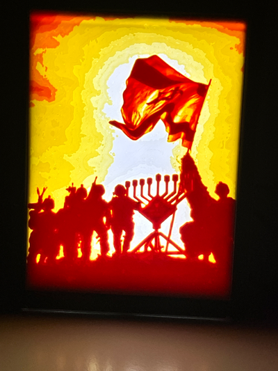 bannir obscurité forge chapeaux couleur lithophane of idf éclairage menorah in gaza by maureen nemetski art modèles israélien défense forces israël peinture filamentaire filament amyisraelchai am chai hanoucca 3d print model - Mito3D