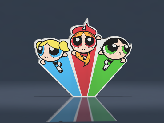 powerpuff meninas caixa luz by sitsero arte sinais logotipos desenho animado rede anime animação criança conduziu luminária multicolorido ams vermelho verde azul flor botão ouro bolhas 3d print model - Mito3D