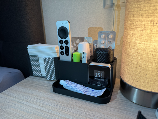 organizer bedside table medicine apple tv remote airpods eve room more by tt-products tools organizers bed box bedroom chargingstation bedsidetable 3d print model - Mito3D